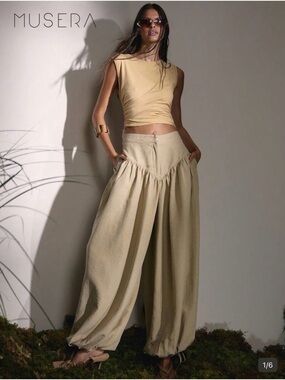MUSERA Sand High Rise Wide-Leg Tie Hem Balloon Trousers SZ L